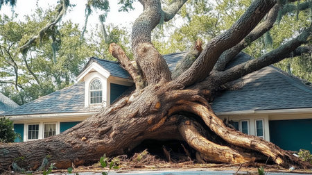 Aftermath of a Storm, a Large Tree Has Fallen on a House, Causing Damage and Destructionの素材
