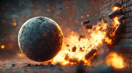 Massive Stone Wrecking Ball Crashes Through Brick Walls, Symbolizing Power and Destruction Aheadの素材