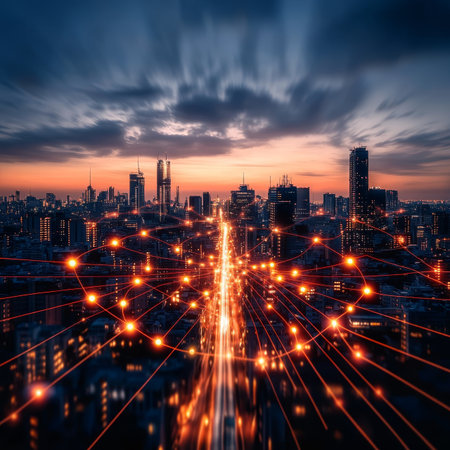 Twilight skyline of a vibrant metropolis with neural networking connections and urban technology.の素材