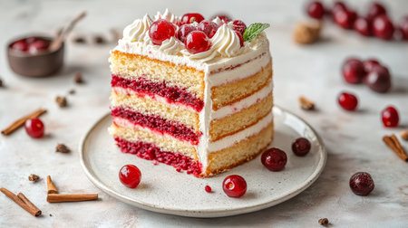 Delicious Slice of Elegant Vanilla Cake with Berry Compote and Whipped Cream on White Plateの素材