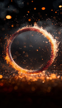 Vibrant Ring of Fire with Dynamic Blazes and Dazzling Sparks Illuminating the Night Skyの素材