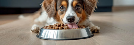 Adorable dog eagerly waiting to eat its dry kibble, a happy pup licking its chops by the bowlの素材