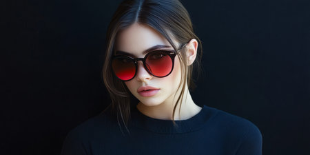Chic female persona posing confidently with stylish round spectacles in elegant ruby black shades.の素材