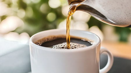 Close-up of Hot Coffee Poured into a White Cup on Wooden Table with Blurred Green Backgroundの素材