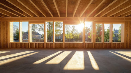 New construction framing shines in sunlight, showcasing beautiful architectural woodwork.の素材