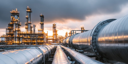 Industrial Oil Pipeline and Refinery at Sunset Metallic Reflections on Energy Infrastructureの素材