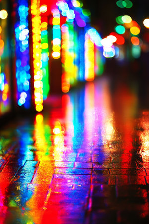 Vibrant Rainbow Reflections on Urban Bricks, Illuminating the City with Dreamy Night Lightsの素材