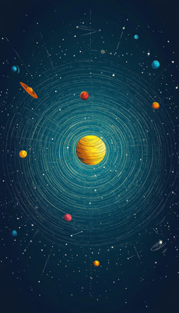 A Vibrant Illustration of Diverse Colorful Planets Orbiting a Bright Sun in a Starry Universeの素材