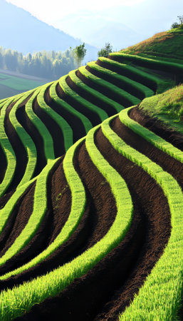 Stunning Organic Hills Agriculture Terraced Fields with Lush Colors Creating a Captivating Panoramaの素材