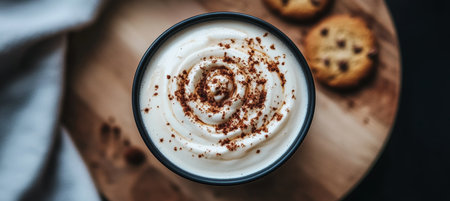Delightful latte art with a spiral design in a frothy mug on a rustic cafe table with cookiesの素材