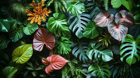 Lush and Vibrant Tropical Jungle Foliage with Diverse Botanical Textures Under Soft Natural Lightの素材
