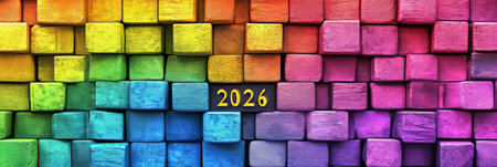 Vibrant Color Block Gradient Background Featuring a 2026 Message with Seamless Textured Blocksの素材
