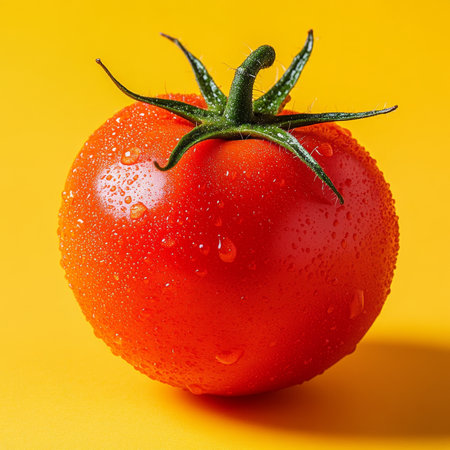 Close-Up of a Juicy Tomato on a Bright Yellow Surface, Showcasing Its Vibrant Color and Textureの素材