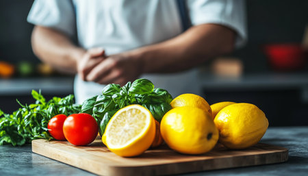 Chef Preparing Fresh Ingredients for Cooking Class with Creative Dishes and Healthy Recipes Ideasの素材