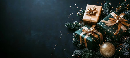 Beautifully Decorated Christmas Presents Stacked in Green and Gold with Festive Holiday Themesの素材