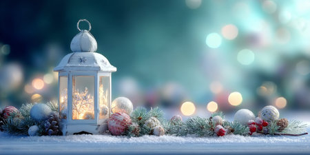 Charming Christmas Lantern Surrounded by Snowy Fir Branches and Festive Holiday Decor Elementsの素材