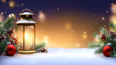 Enchanting Christmas Scene Featuring Glowing Lantern, Fir Branches, and Colorful Ornaments on Snowの素材