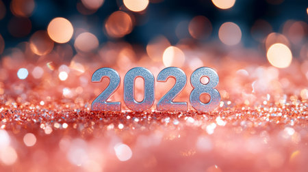 Stylish 2028 Date on Trendy Peachy Bokeh Background with Festive Confetti for New Year Celebrationsの素材