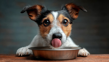Adorable Jack Russell Terrier Looking Cute as It Waits Eagerly by Its Metallic Food Bowl on Tableの素材