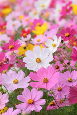 Stunning Summer Meadow Filled with Vibrant Cosmos Flowers, Showcasing a Colorful Floral Displayの素材