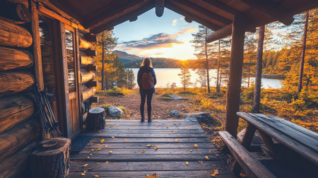 A Woman in a Cozy Log Cabin Doorway, Enjoying the Serene Sunset Over the Calm Lake Viewの素材