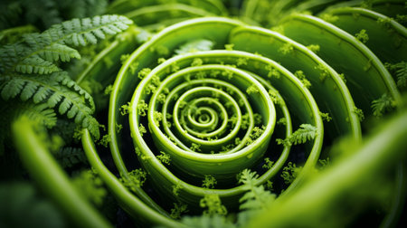 Intricate spiral of a young fern plant creating a mesmerizing labyrinth pattern in nature.の素材