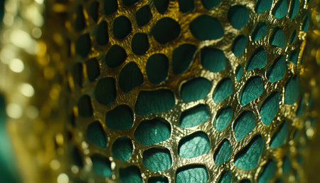Intricate Gold and Teal Latticework, Shimmering Abstract Textures, and Cellular Design Elementsの素材