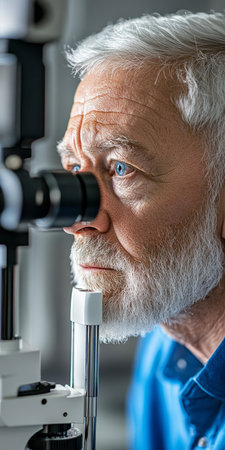 Senior Adult Undergoing Comprehensive Eye Examination with Slit Lamp for Vision Assessmentの素材