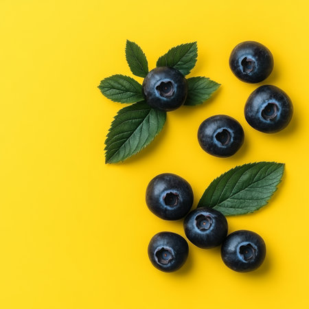 Fresh Huckleberries on Yellow Table, Antioxidant Superfood with Natural Vitamins and Smooth Skinの素材