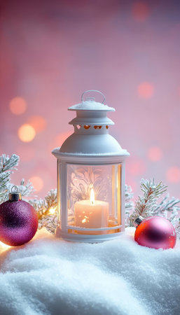 Charming Holiday Candlelit Ambiance, Cozy Christmas Scene with Lanterns, Ornaments, and Soft Glowの素材