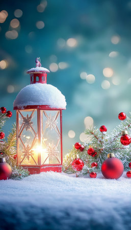 Winter Celebration Still Life Featuring Red Holiday Lantern, Pine Branches, and Colorful Ornamentsの素材