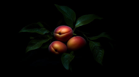 Ripe Apricots with Green Leaves on Dark Backdrop, Fresh and Healthy Fruit Ready to Enjoyの素材