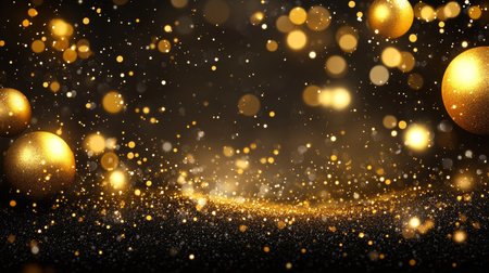 Elegant Celebration Background Featuring Golden Balls and Sparkling Bokeh Lights for Festive Eventsの素材
