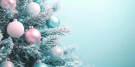 Elegant Frosted Festive Christmas Tree Decorated with Teal and Pastel Pink Christmas Ballsの素材