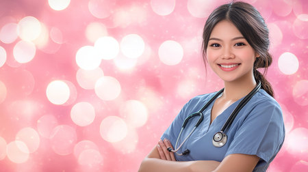 Confident Young Female Nurse with Stethoscope Caring for Patients in a Bright Clinic Environmentの素材