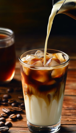 A refreshing iced coffee preparation with creamy milk on a rustic wooden table for summer cafe vibesの素材