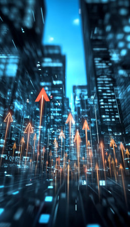 Abstract city data flow with red growth arrows indicating positive developments for future successの素材