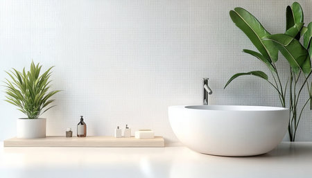 Elegant and Modern Bathroom Interior Design with Mosaic Tiles, Sleek Fixtures, and Green Plantsの素材