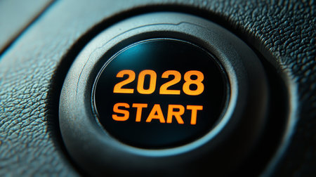 Illuminated Start Button for Cars A Futuristic Dashboard Accessory Indicating the Year 2028の素材