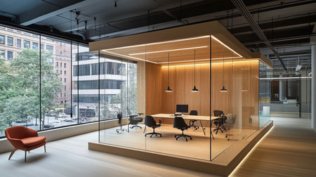 A Modern Office Space Featuring Stylish Interior Glass Enclosure for Enhanced Collaborative Meetingsの素材