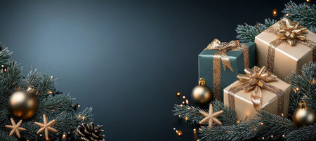 Charming Holiday Still Life with Gold Accents, Decorative Christmas Presents, and Joyful Vibesの素材