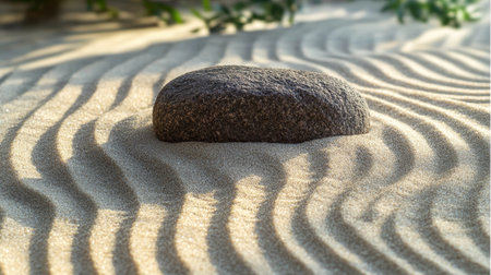 Serene Zen Garden with Grey Stone in Raked Sand, Capturing Tranquility and Nature s Harmonyの素材