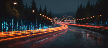 Dynamic Flow of Traffic on a Highway at Night with Colorful Light Trails Creating Abstract Visualsの素材