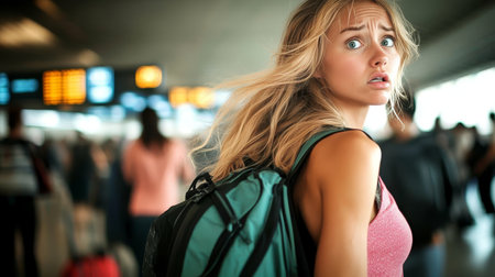 Stressed blonde traveler at busy airport seeking assistance during hectic travel situationの素材