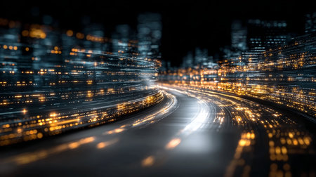 Vibrant Night Cityscape with Light Trails Representing Fast Digital Connectivity and Modernityの素材