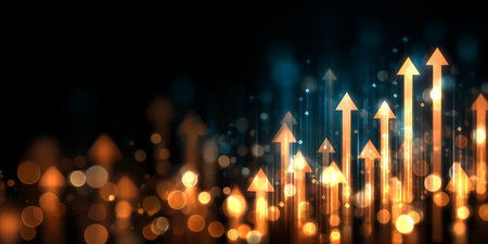 Upward Trend Arrows with Glowing Light Representing Growth, Success, and Progress in Businessの素材