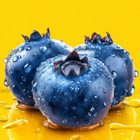 Fresh Huckleberries with Dewdrops, Juicy and Vibrant Fruit, Antioxidant Rich Snack for Photographyの素材