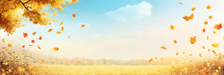 Beautiful autumn landscape with golden leaves, warm sunlight, and a peaceful meadow under blue skyの素材