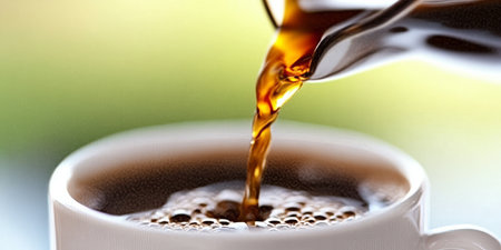 A Freshly Poured Cup of Coffee on a Wooden Table, Ideal for Morning Routines and Relaxation Time.の素材