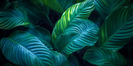 Lush Spathiphyllum Plant with Dark Green Leaves and Tropical Foliage, Close-Up in the Gardenの素材